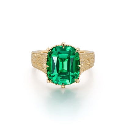 Zuri-Cushion Cut Lab Grown Emerald Engraved Ring