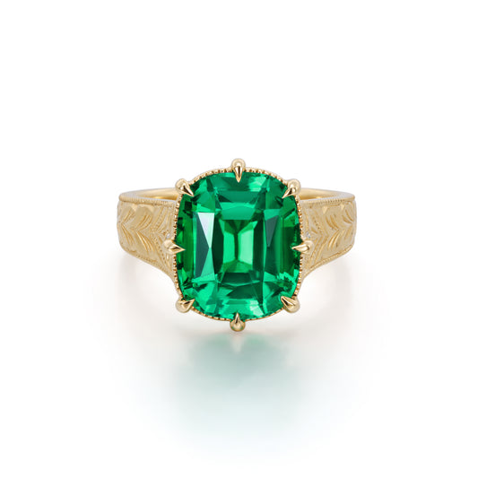Zuri-Cushion Cut Lab Grown Emerald Engraved Ring