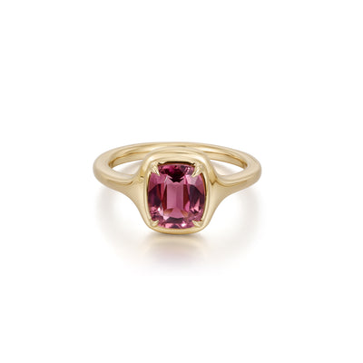 Cushion Cut Pink Tourmaline Gemstone Ring in 14K Yellow Gold | Ellie | Elora Face View