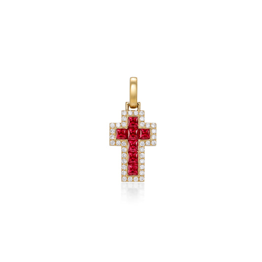 Stella-Princess Cut Ruby Cross Pendant Necklace featuring 7 princess cut rubies and round lab grown diamonds in 14K yellow gold.