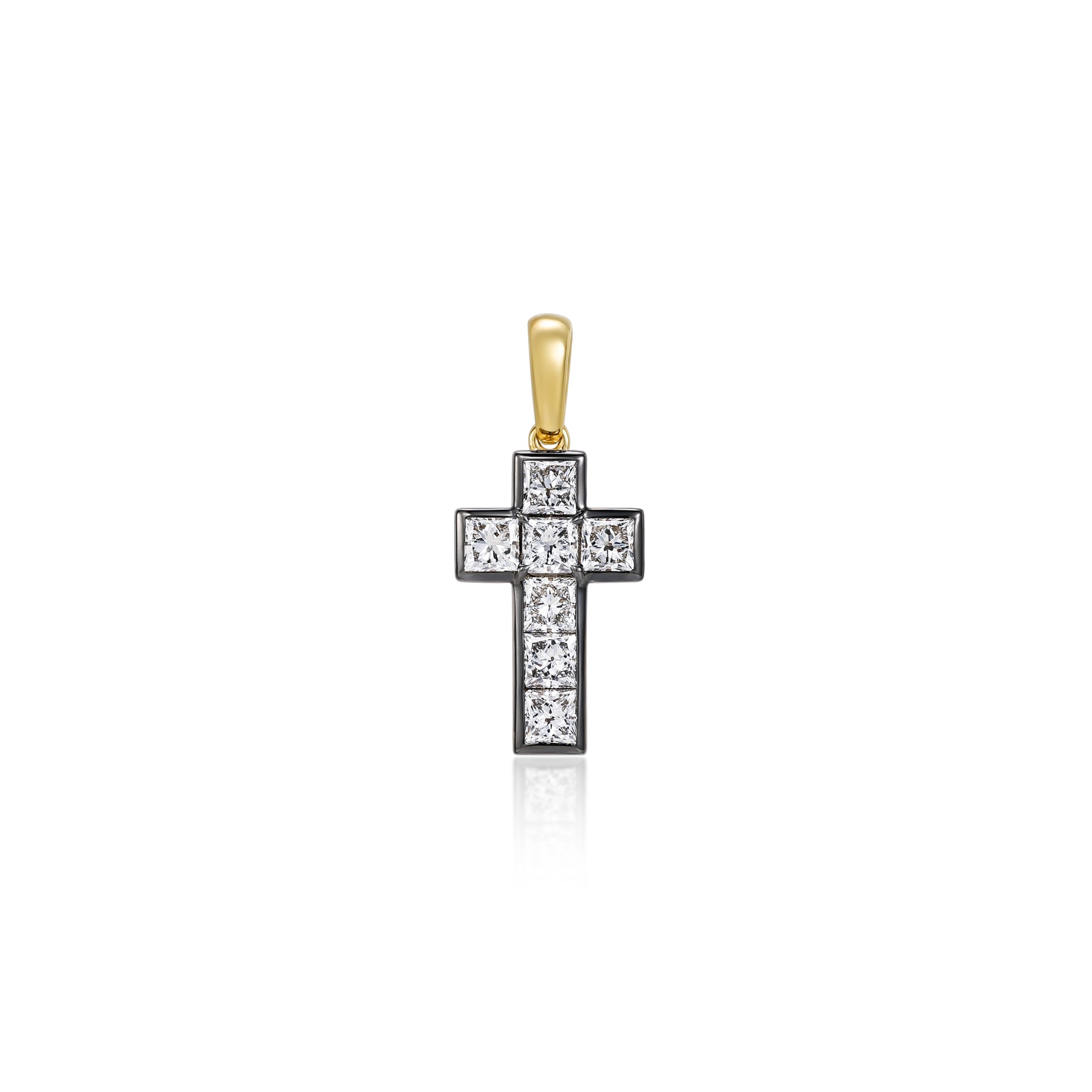 Seraphina-Princess Cut Diamond Cross Pendant Necklace in 14K yellow gold with lab-grown diamonds.