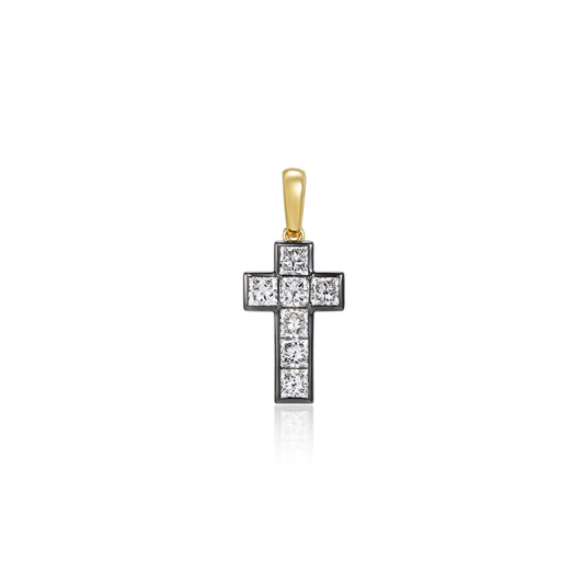 Seraphina-Princess Cut Diamond Cross Pendant Necklace in 14K yellow gold with lab-grown diamonds.