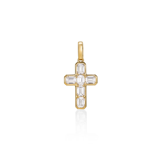 Florence-Emerald Cut Diamond Cross Pendant Necklace in 14K yellow gold with emerald cut lab grown diamonds.
