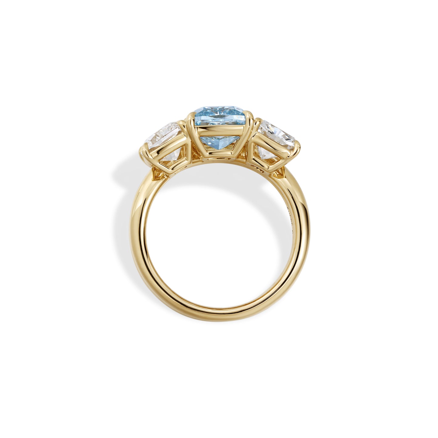 Sage-Blue Cushion Lab Grown Diamond Trilogy Engagement Ring in 14K yellow gold with three stunning stones.