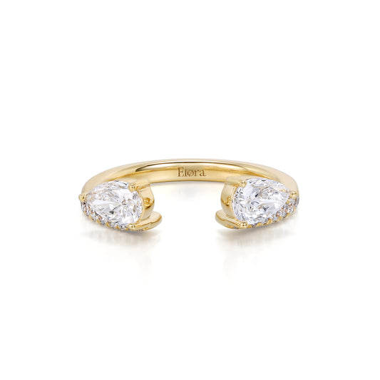 Everett-Pear Cut Lab Grown Diamond Ring Open Band featuring two pear cut diamonds in yellow gold.