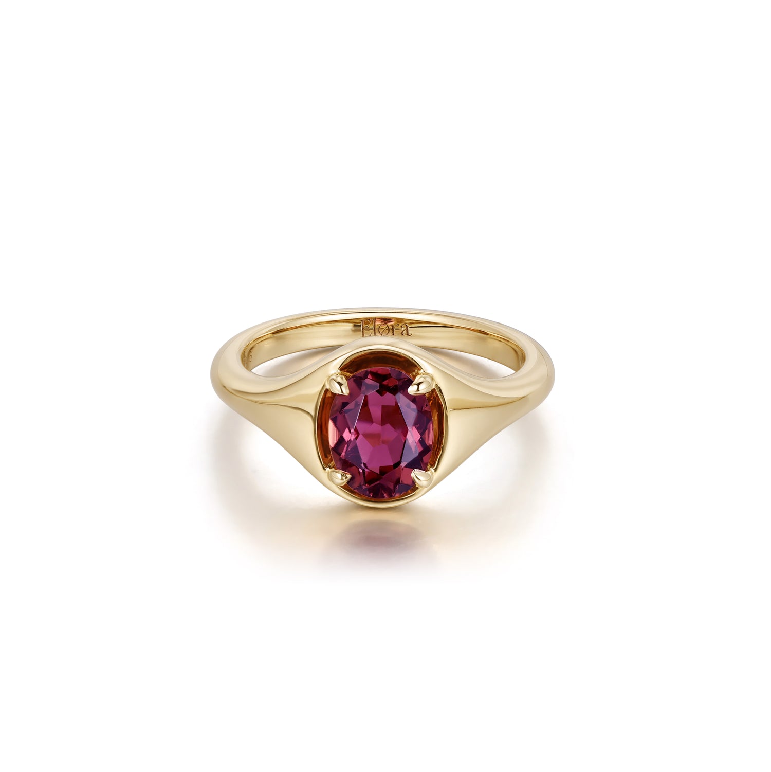 Oval Cut Natural Crimson Tourmaline Gemstone Ring in 14K Yellow Gold | Evie | Elora Face View