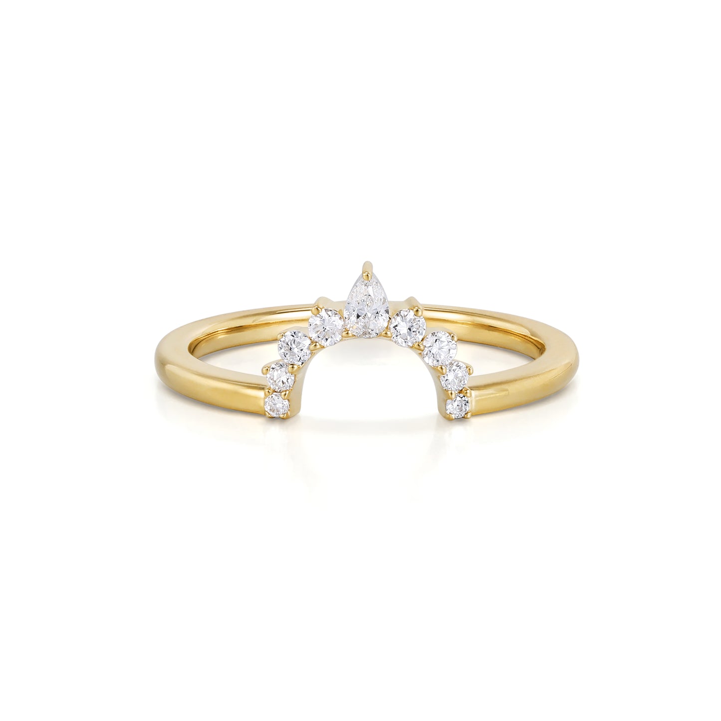 Vigo-Pear Cut Lab Grown Diamond Ring Curved Band with pear cut diamond and round diamonds in a gold setting.
