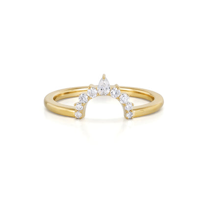 Vigo-Pear Cut Lab Grown Diamond Ring Curved Band with pear cut diamond and round diamonds in a gold setting.