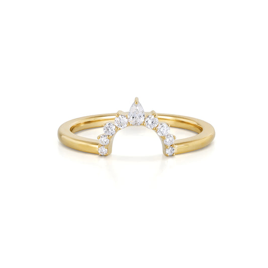 Vigo-Pear Cut Lab Grown Diamond Ring Curved Band with pear cut diamond and round diamonds in a gold setting.