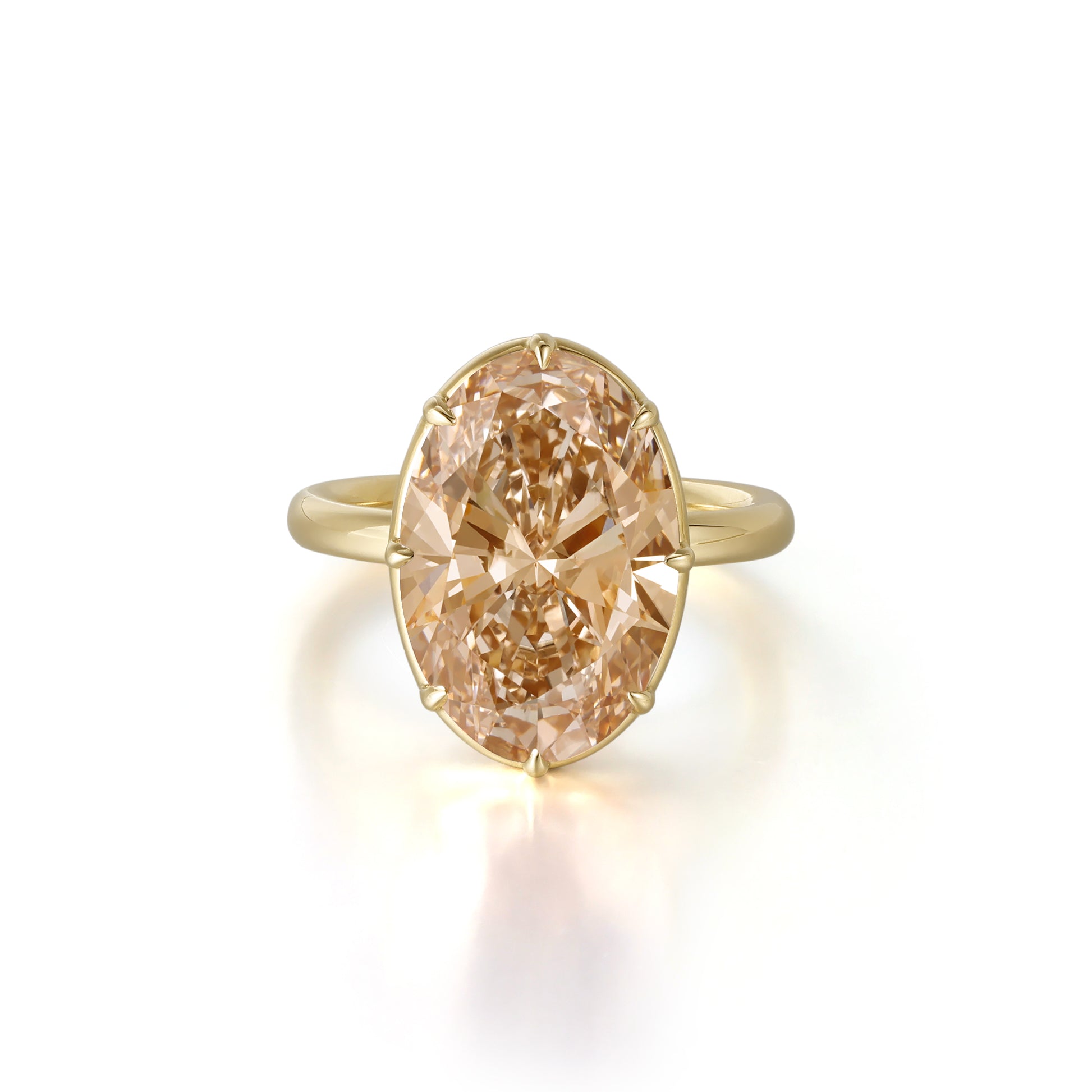 Bellini-Champagne Oval Lab Grown Diamond Engagement Ring in 14K yellow gold setting featuring a fancy intense brownish pink diamond.