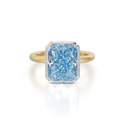 Ocean-Blue Radiant Lab Grown Diamond Engagement Ring featuring a 5.22 ct radiant cut blue diamond, gold band.