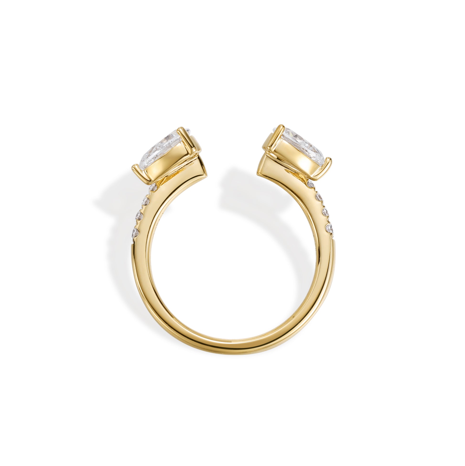 Everett-Pear Cut Lab Grown Diamond Ring Open Band with pear diamonds and pav¨¦-set round diamonds in yellow gold.