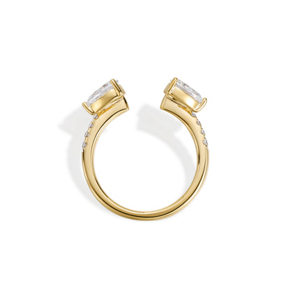Everett-Pear Cut Lab Grown Diamond Ring Open Band with pear diamonds and pav¨¦-set round diamonds in yellow gold.