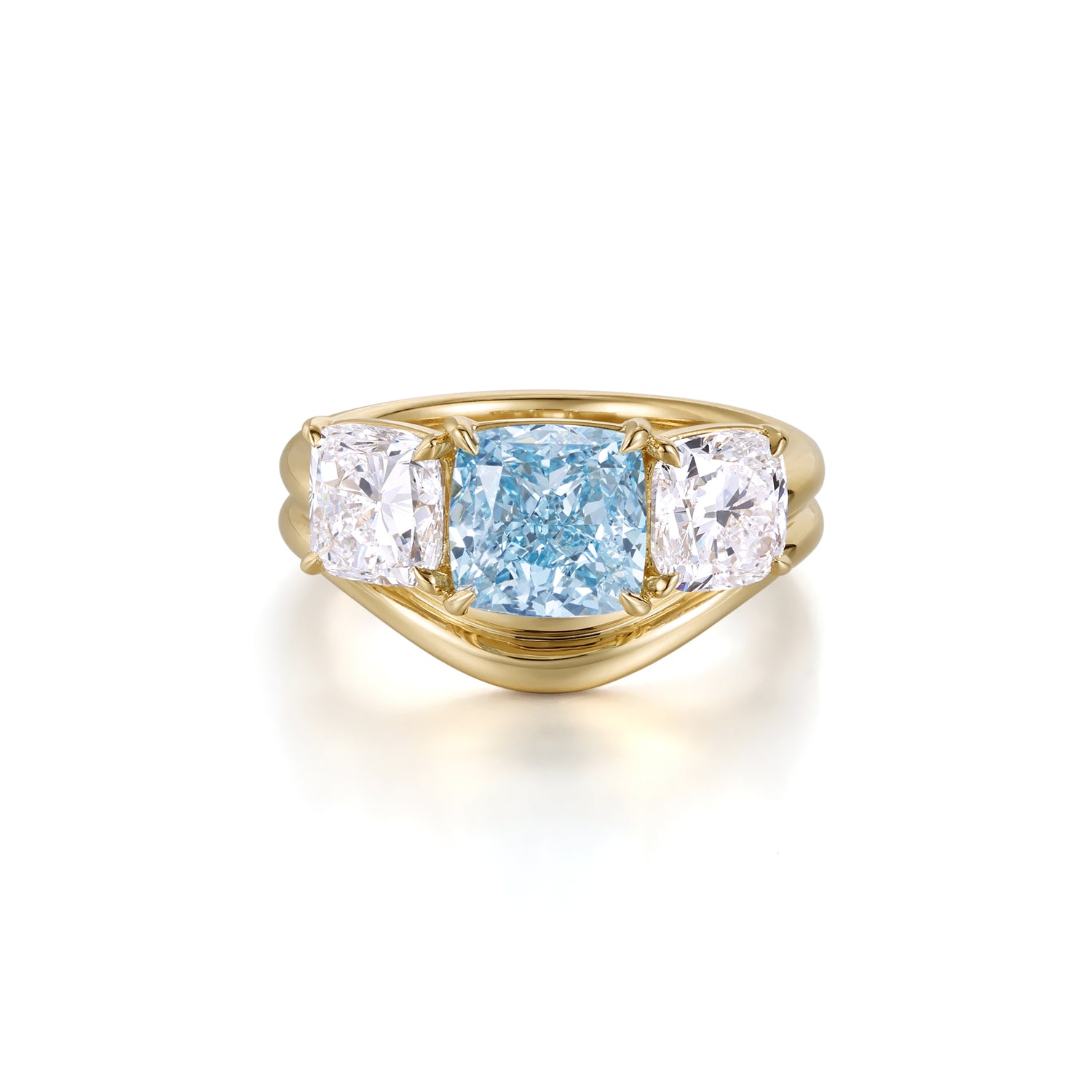Sage-Blue Cushion Lab Grown Diamond Trilogy Engagement Ring featuring a 2.12 ct blue diamond and two 0.99 ct white diamonds.