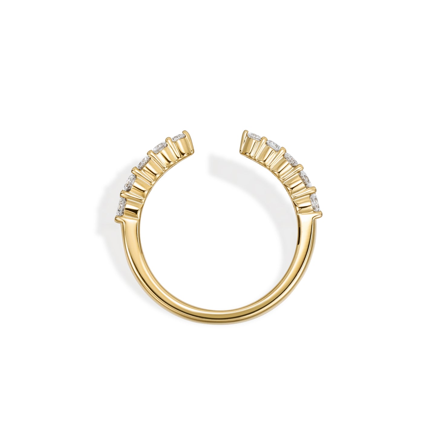 Caye-Round Cut Lab Grown Diamond Ring Open Band featuring 10 graduated round diamonds in yellow gold.