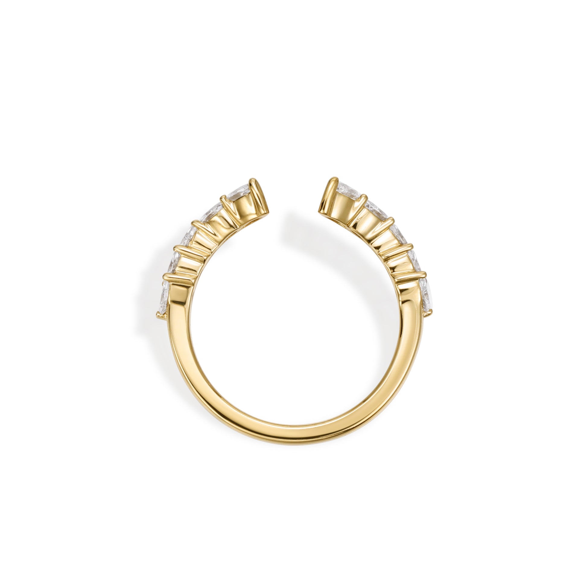 Perry-Marquise Cut Lab Grown Diamond Ring Open Band showcasing 10 marquise cut diamonds in a yellow gold setting.