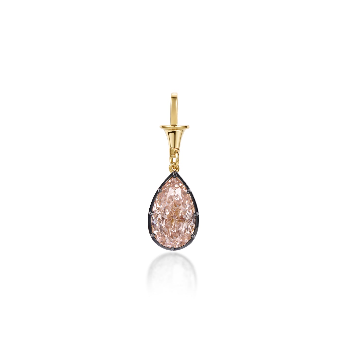 Pink Bezel Pear Diamond Pendant Necklace featuring an 8.51 ct pear cut lab grown pink diamond in black gold setting.