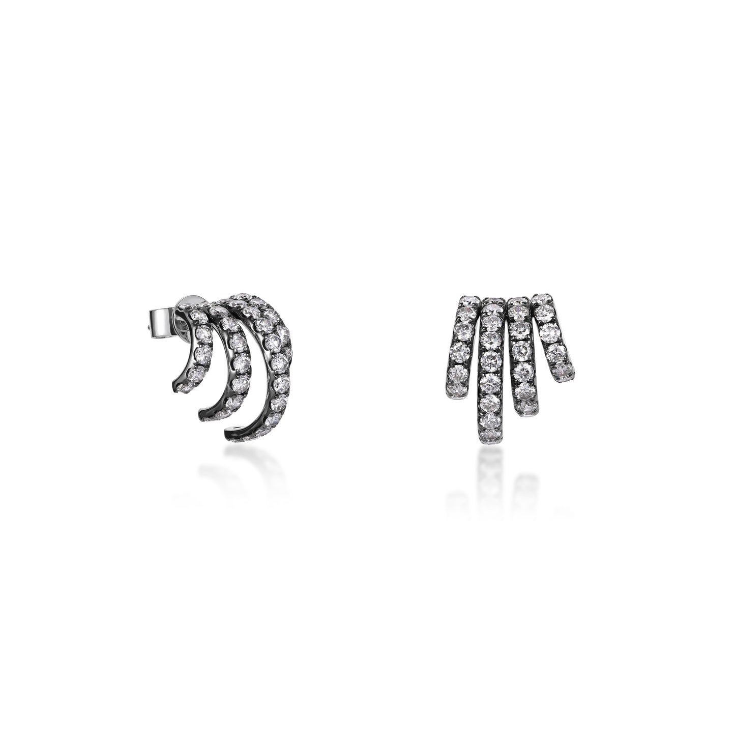 Pavé Diamond Shell Stud Earrings Black and White Gold featuring curved rows of lab grown diamonds in a sculptural design.