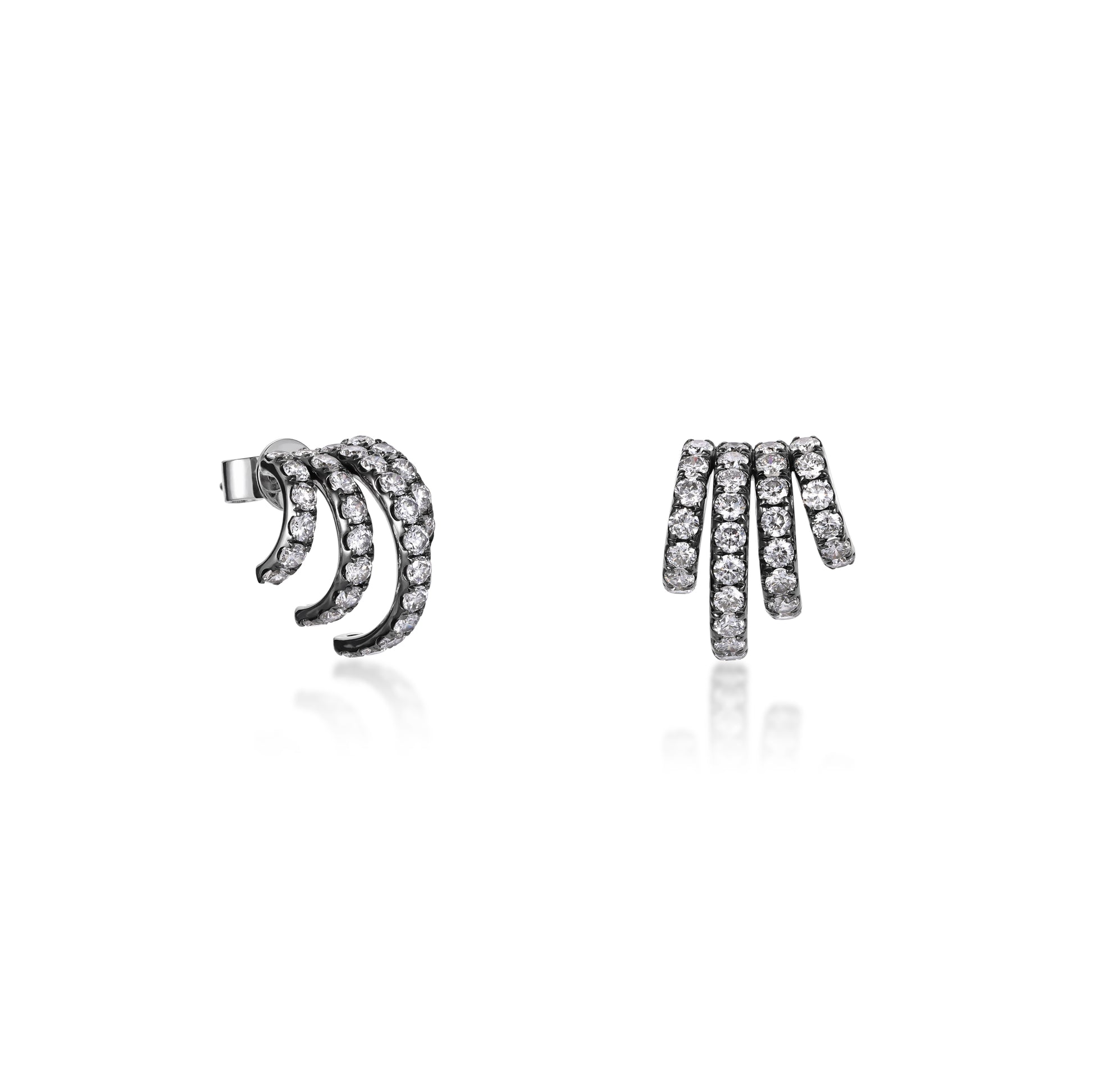 Pavé Diamond Shell Stud Earrings Black and White Gold featuring curved rows of lab grown diamonds in a sculptural design.