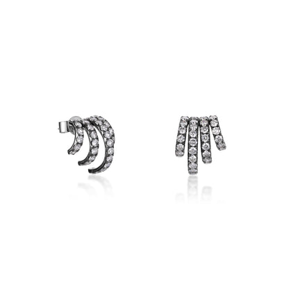 Pavé Diamond Shell Stud Earrings Black and White Gold featuring curved rows of lab grown diamonds in a sculptural design.