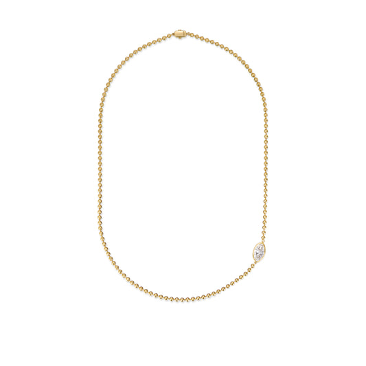 Astra-Old Mine Moval Cut Diamond Beaded Gold Necklace showcasing a lab grown diamond in yellow gold beads.