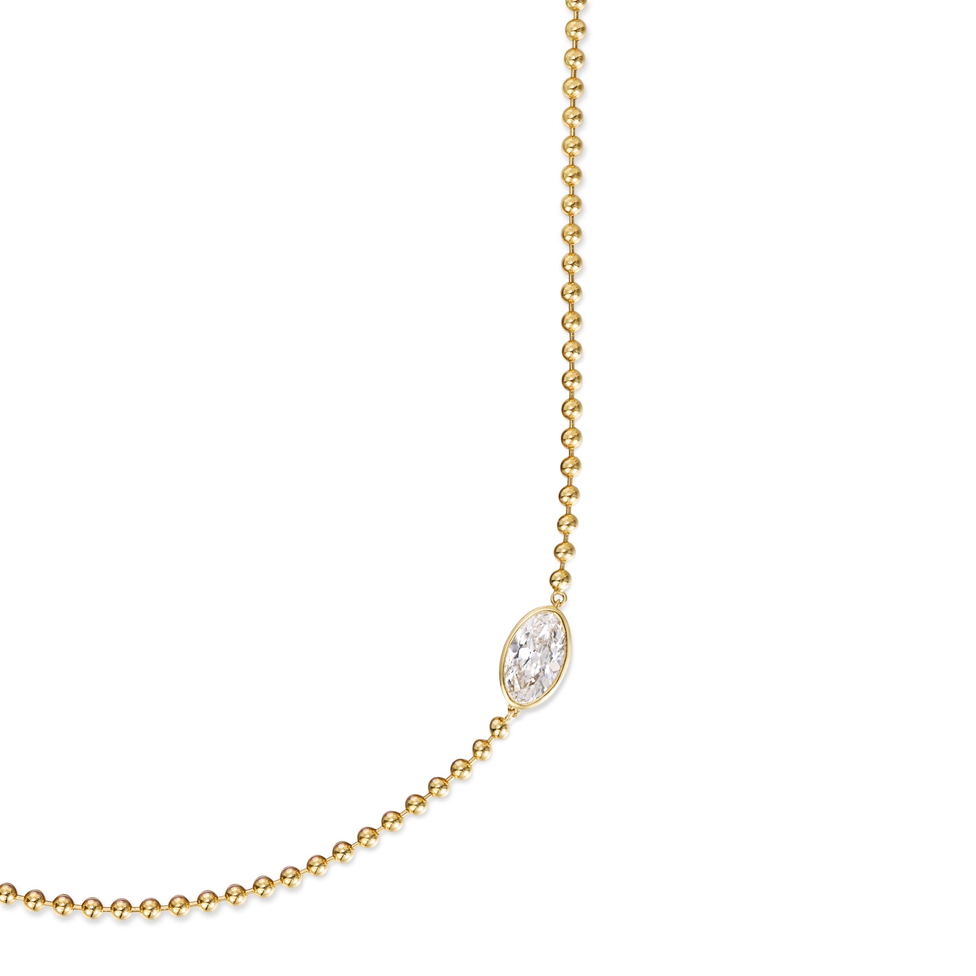 Astra-Old Mine Moval Cut Diamond Beaded Gold Necklace showcasing a 3.07ct diamond framed in yellow gold beads.