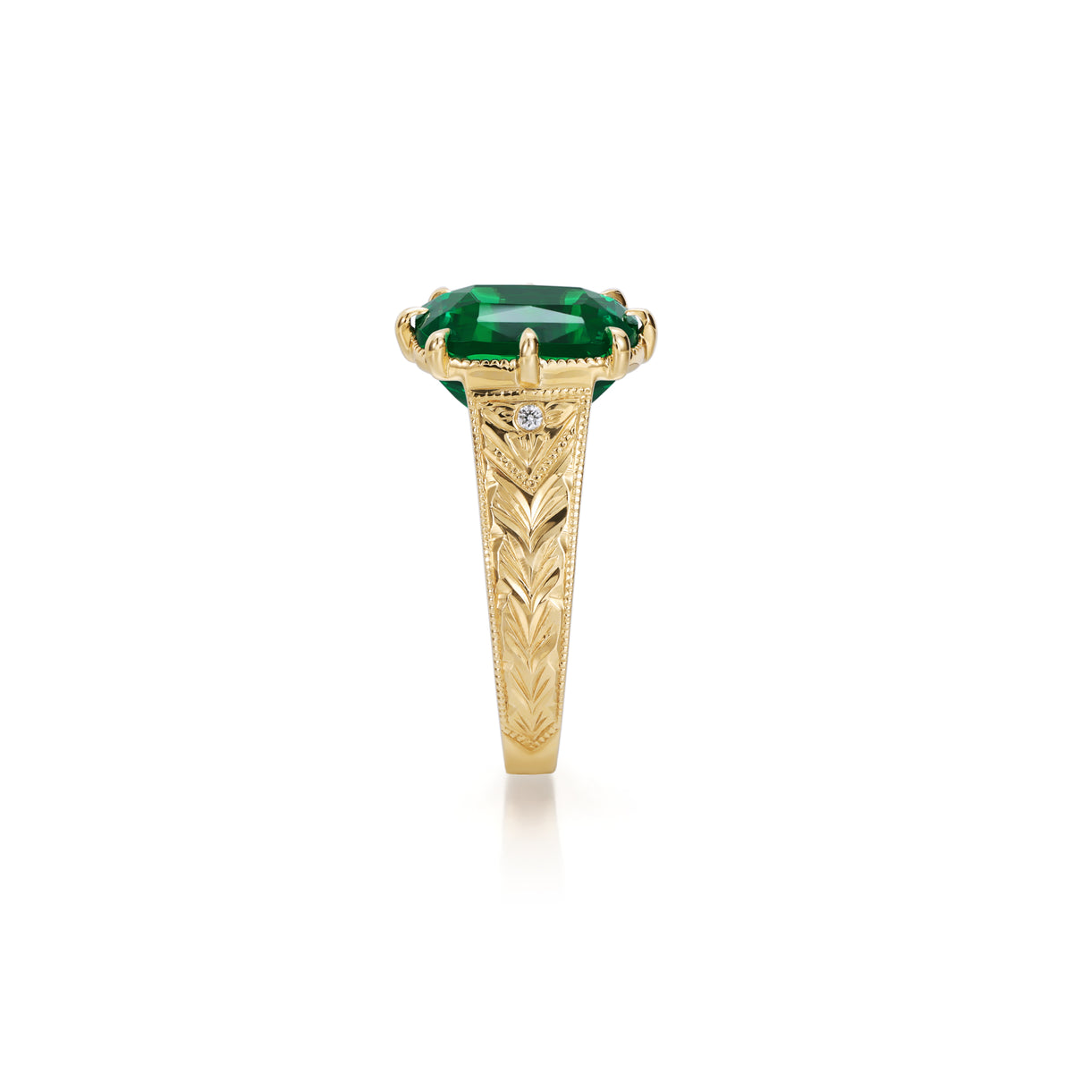 Zuri-Cushion Cut Lab Grown Emerald Engraved Ring
