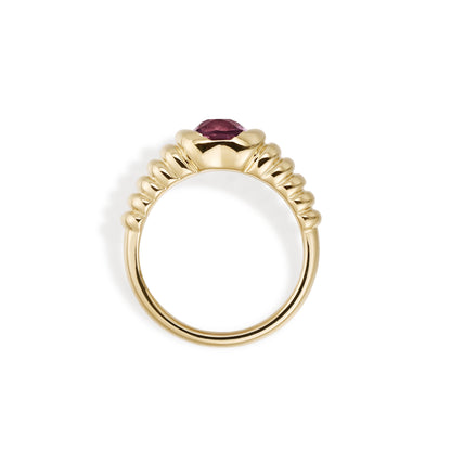 Side profile of Cushion Cut Deep Purple Spinel Ring in 14K yellow gold