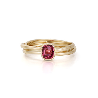 Cushion Cut Pink Spinel Trinity Gemstone Ring in 14k yellow gold