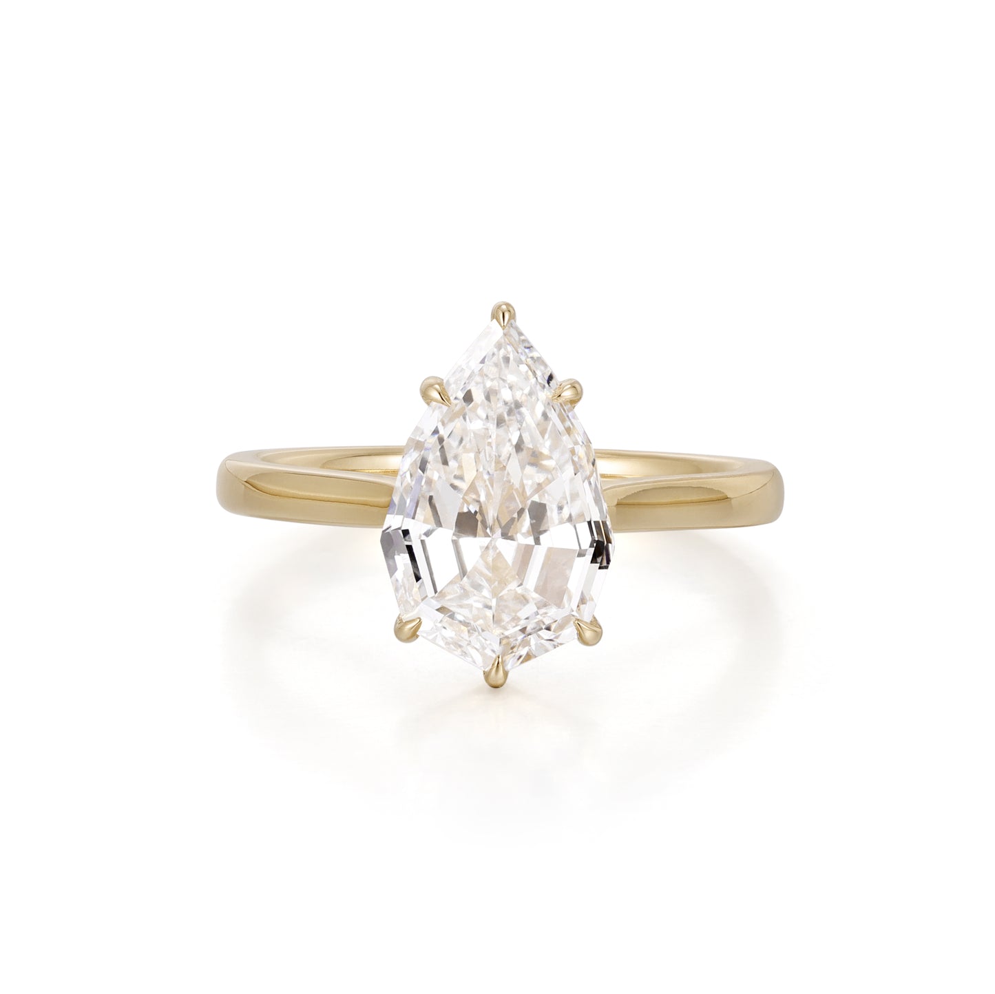 Step cut pear lab grown diamond engagement ring in yellow gold with floral basket setting