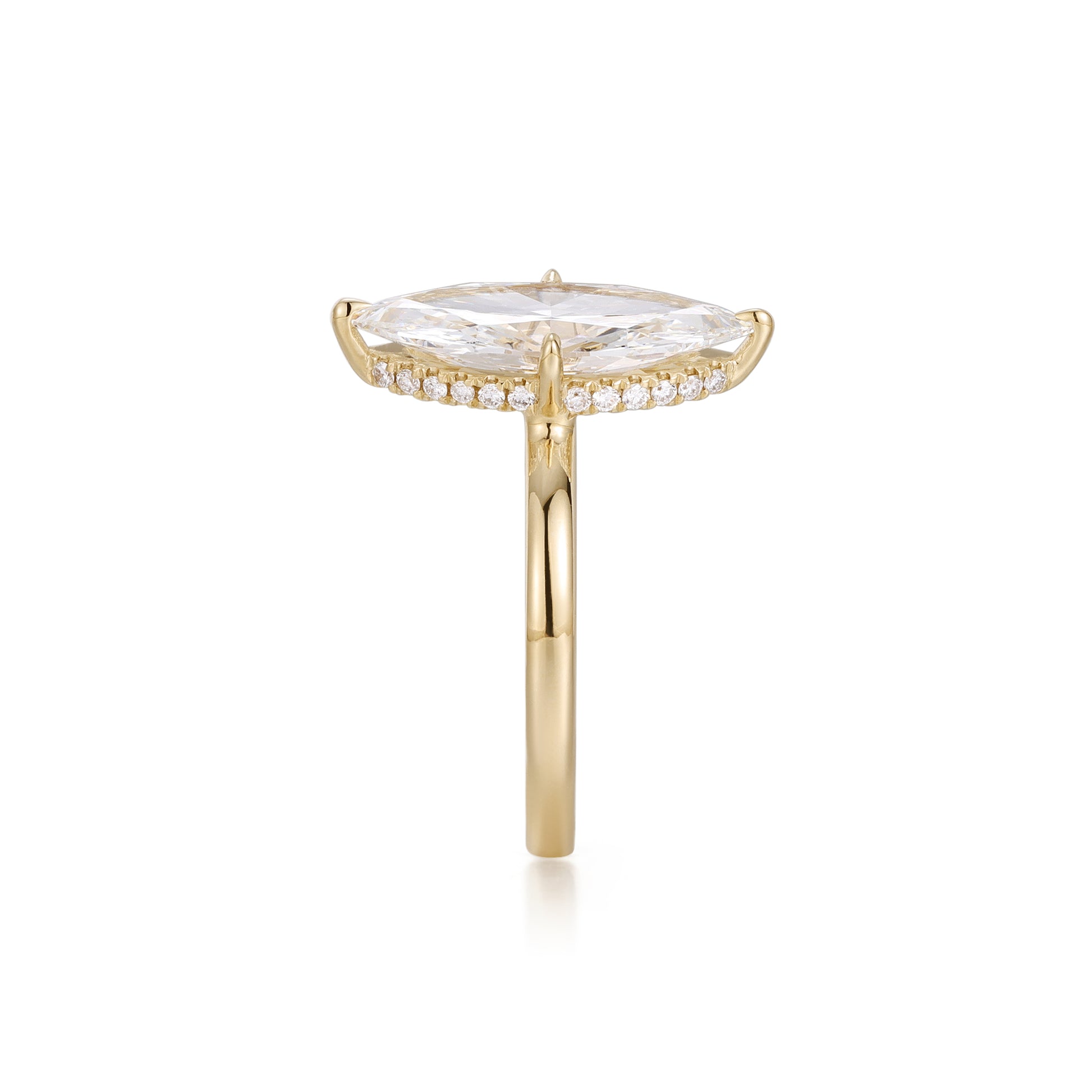 Side view of marquise cut lab grown diamond engagement ring showing hidden halo setting