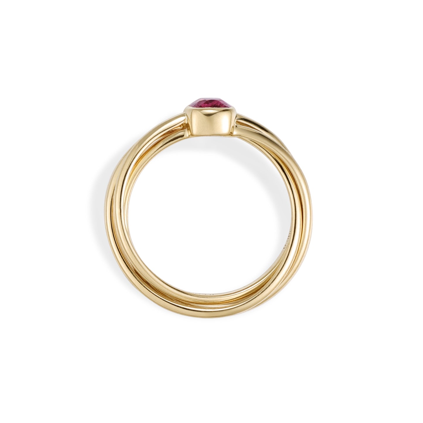 Side profile of the Mae Cushion Cut Pink Spinel Trinity Ring in 14k yellow gold