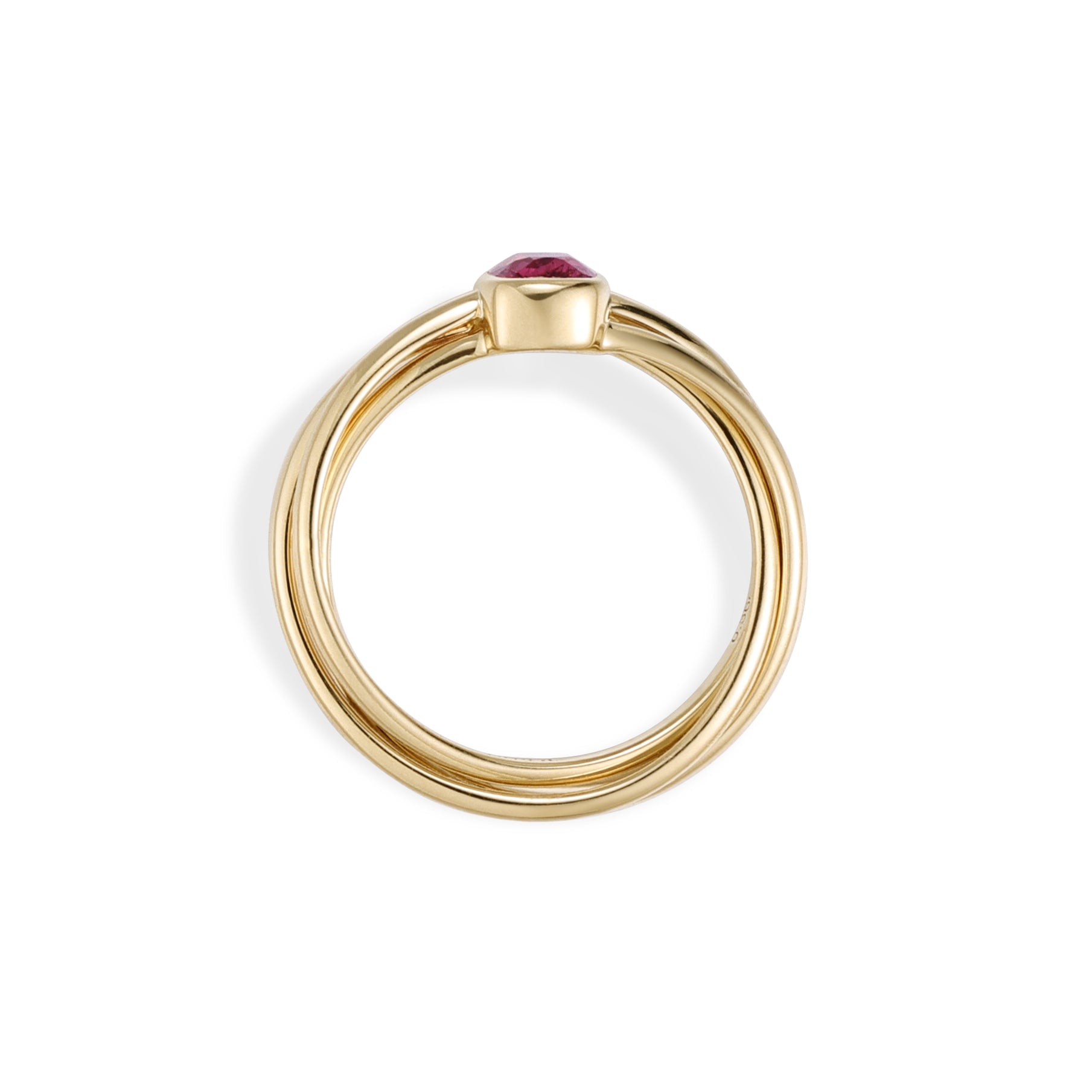 Side profile of the Mae Cushion Cut Pink Spinel Trinity Ring in 14k yellow gold