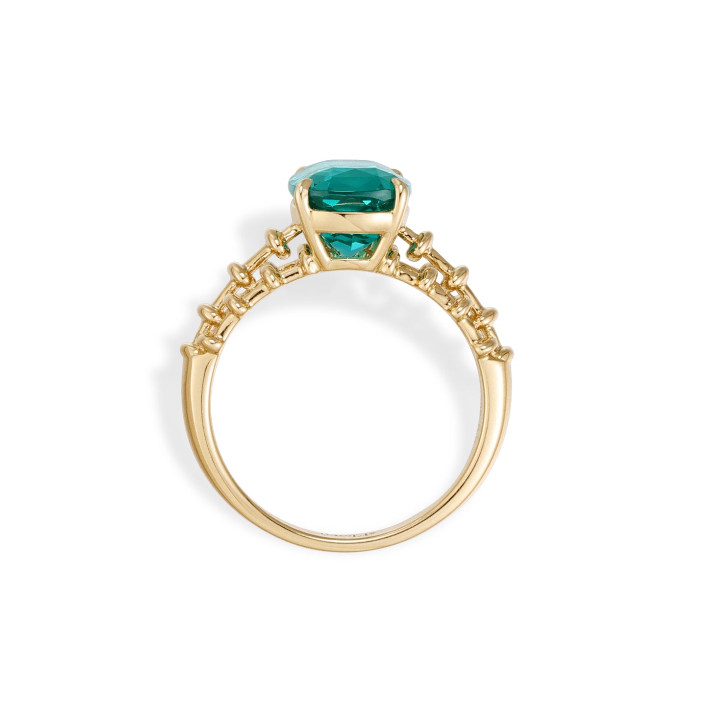 Side profile of the Jill Cushion Cut Lab Grown Paraiba Ring in 14k Yellow Gold