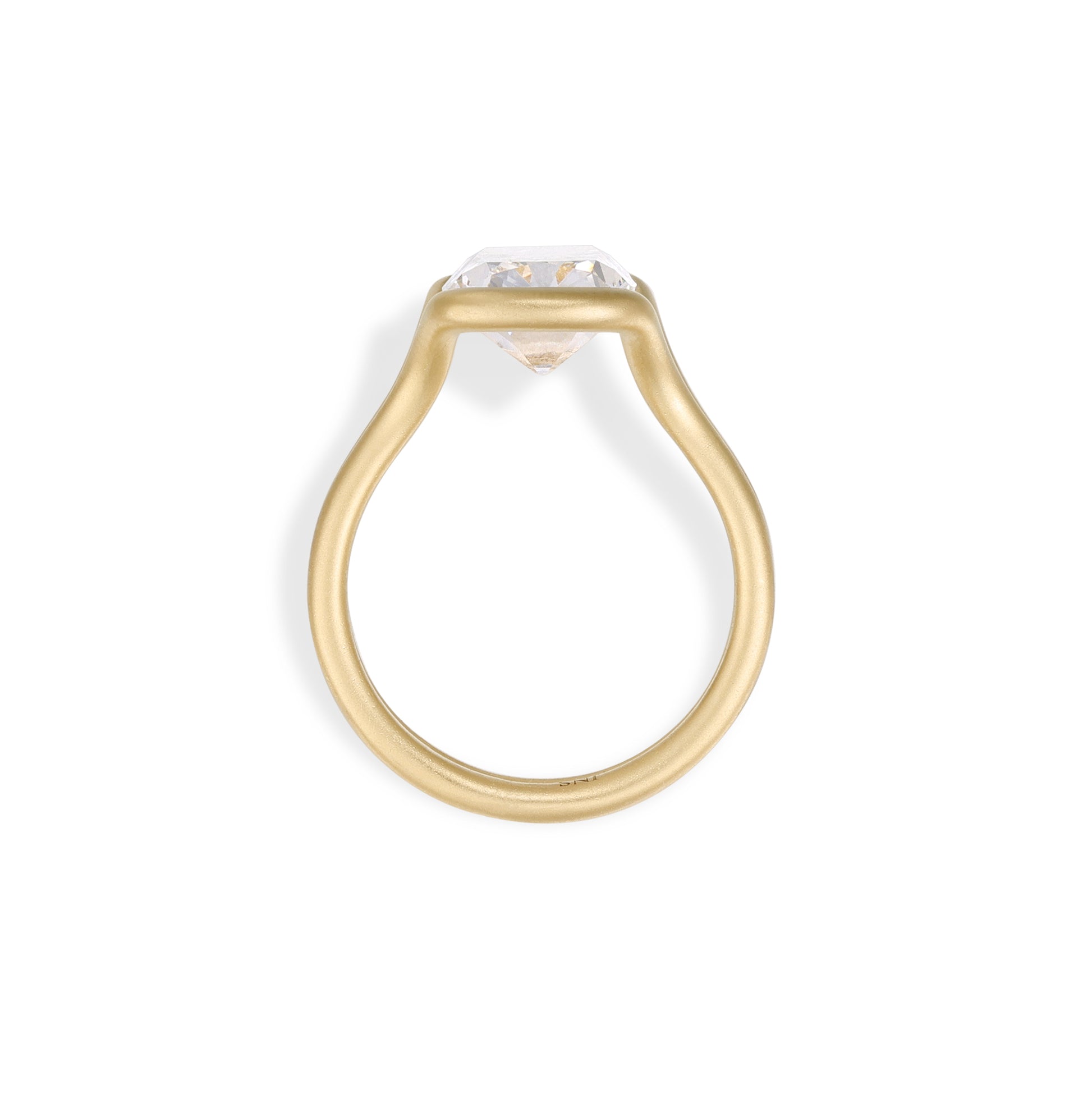 Side profile of old mine cut lab grown diamond engagement ring with sculpted matte gold setting