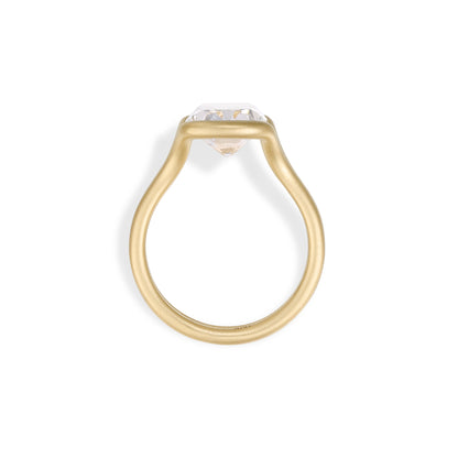 Side profile of old mine cut lab grown diamond engagement ring with sculpted matte gold setting