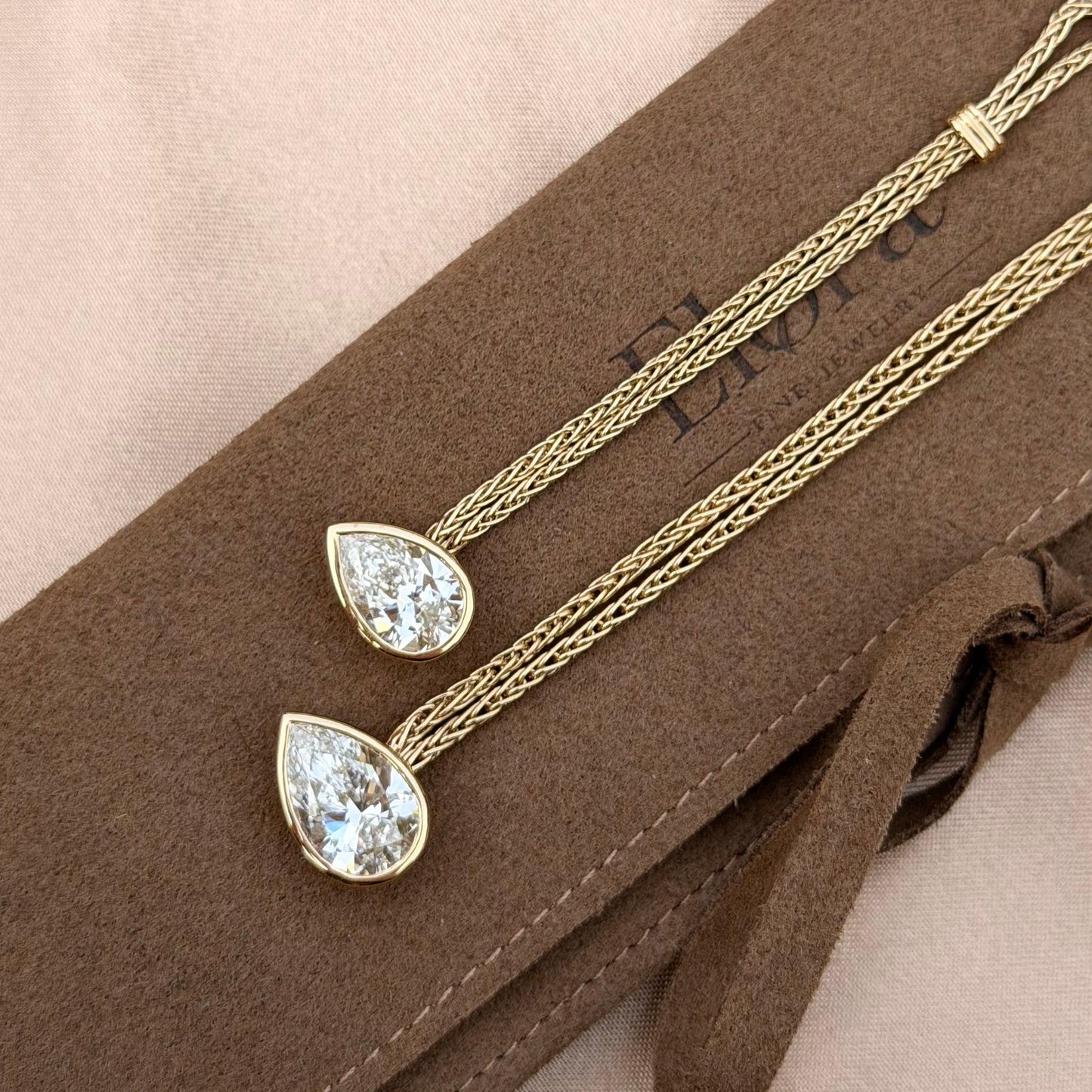 Faith-Pear Cut Lab Grown Diamond Engagement Ring featuring two pear cut diamonds on a golden chain background.