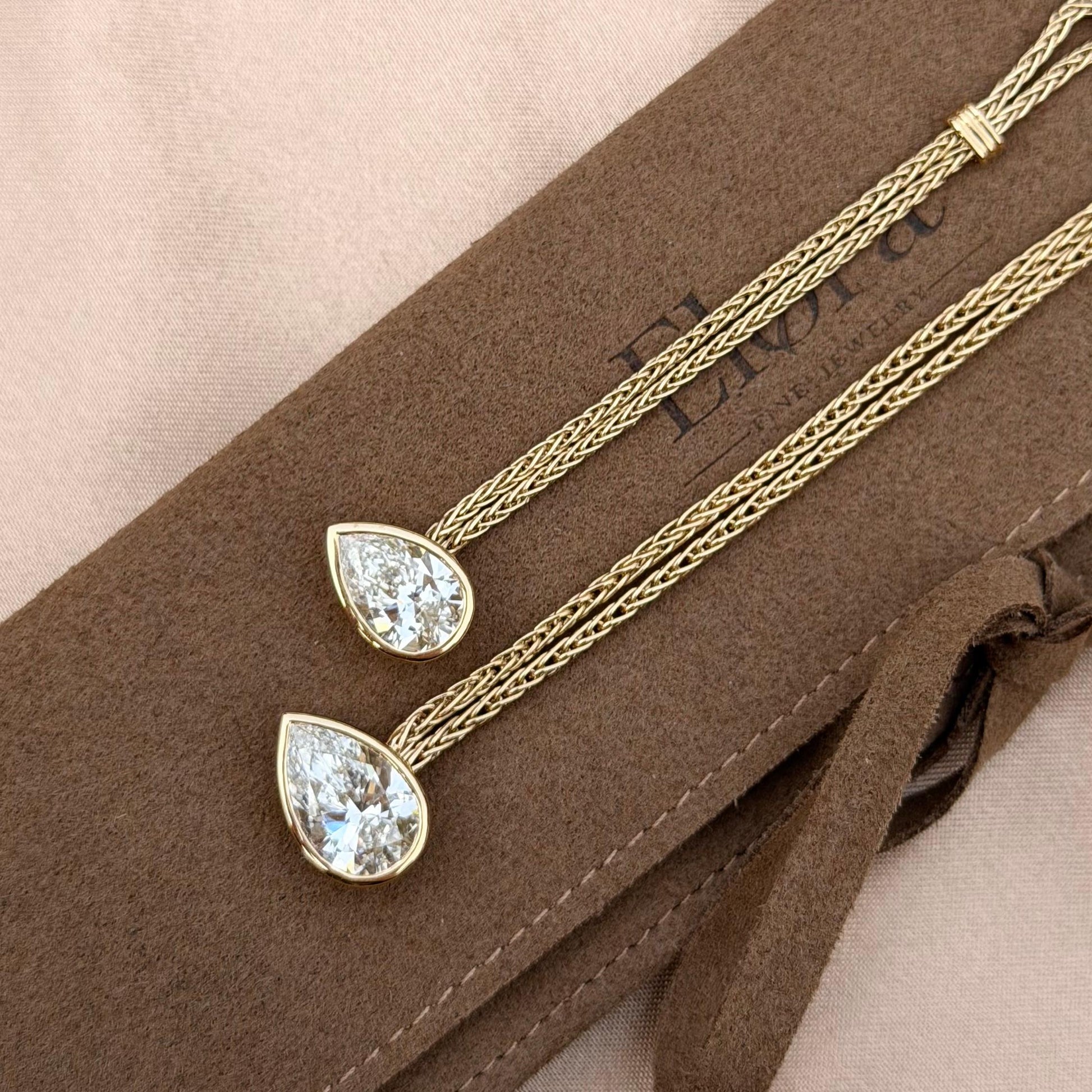 Faith-Pear Cut Lab Grown Diamond Engagement Ring featuring two pear cut diamonds on a golden chain background.