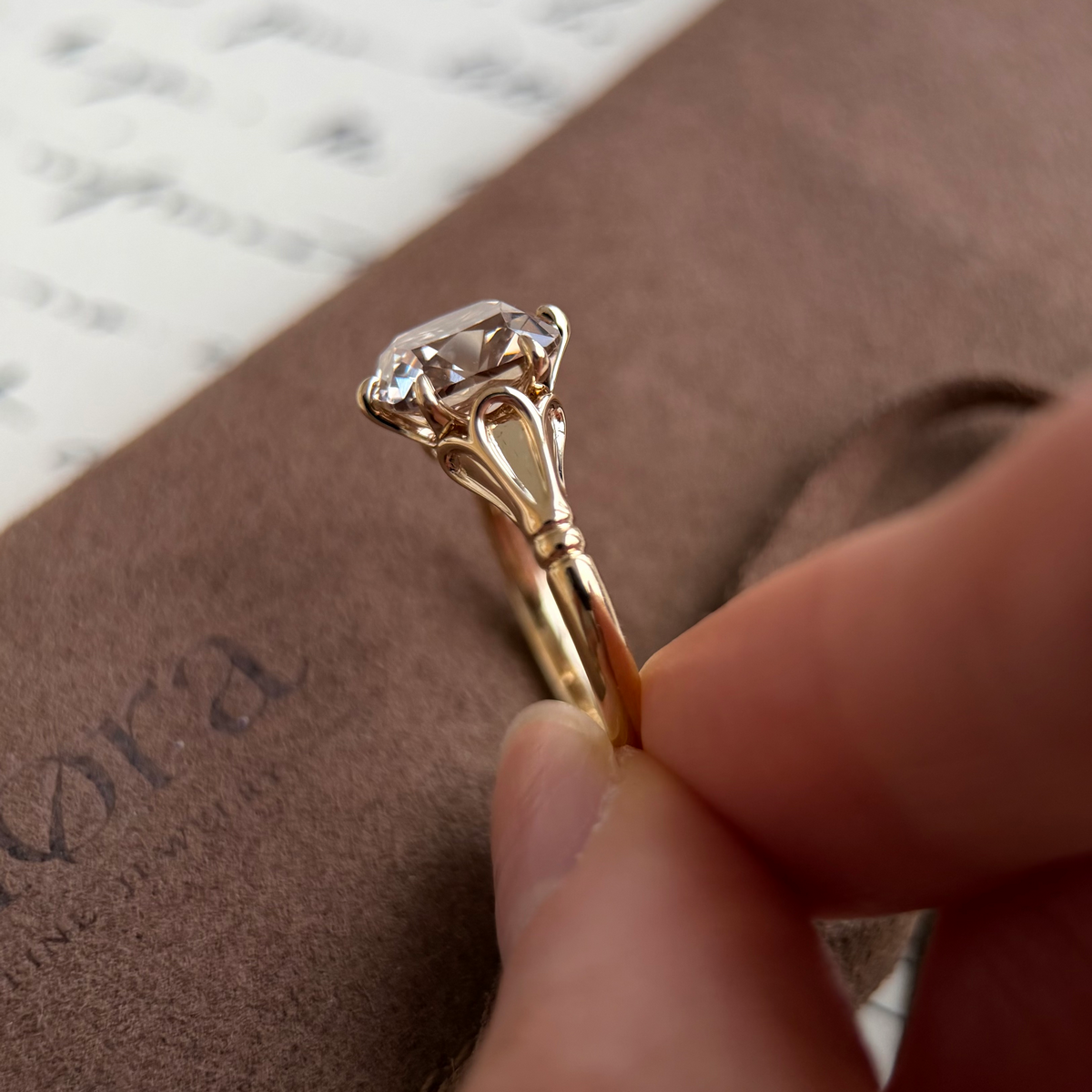 Athena-Champagne Old Mine Cushion Cut Lab Grown Diamond Engagement Ring