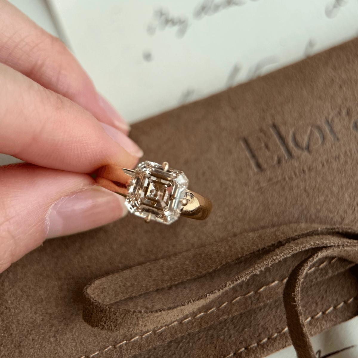 Sintra-Champagne Asscher Cut Lab Grown Diamond Ring with champagne diamond in four prong setting.