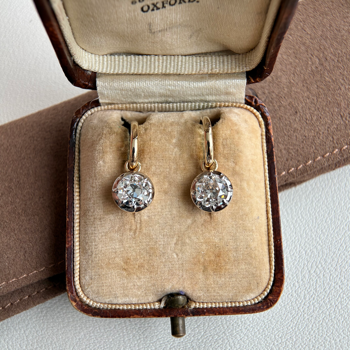 Bezel Old European Cut Diamond Drop Hoop Earrings