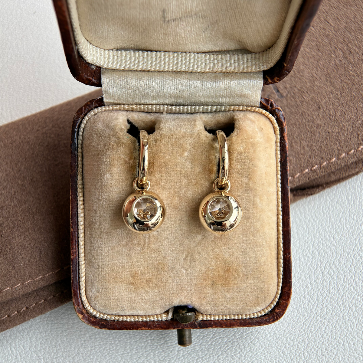 Bezel Old European Cut Diamond Drop Hoop Earrings 2