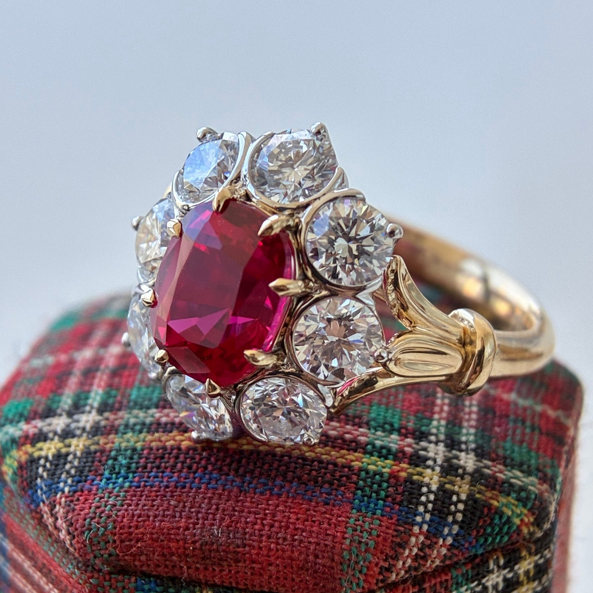Rina-Cushion cut Lab Grown Ruby and Diamond Vintage Cluster Ring
