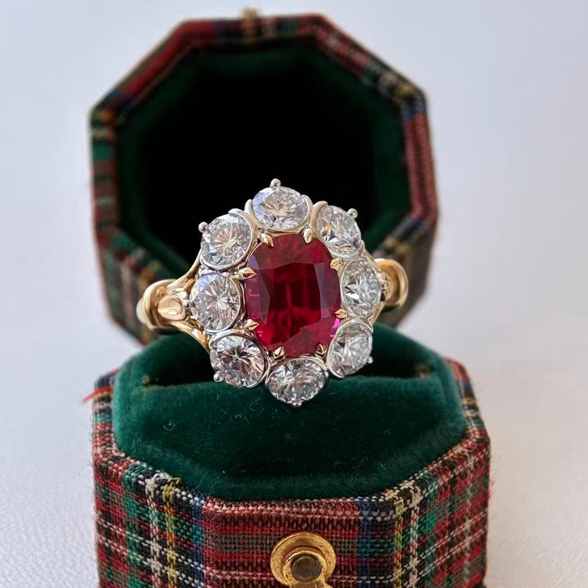 Rina-Cushion cut Lab Grown Ruby and Diamond Vintage Cluster Ring