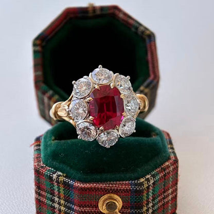 Rina-Cushion cut Lab Grown Ruby and Diamond Vintage Cluster Ring