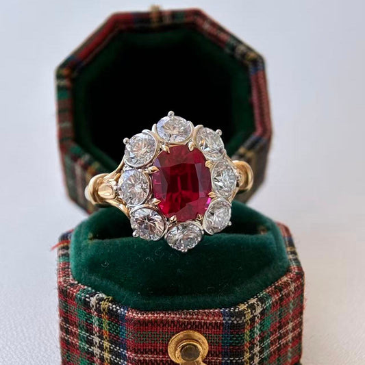Rina-Cushion cut Lab Grown Ruby and Diamond Vintage Cluster Ring