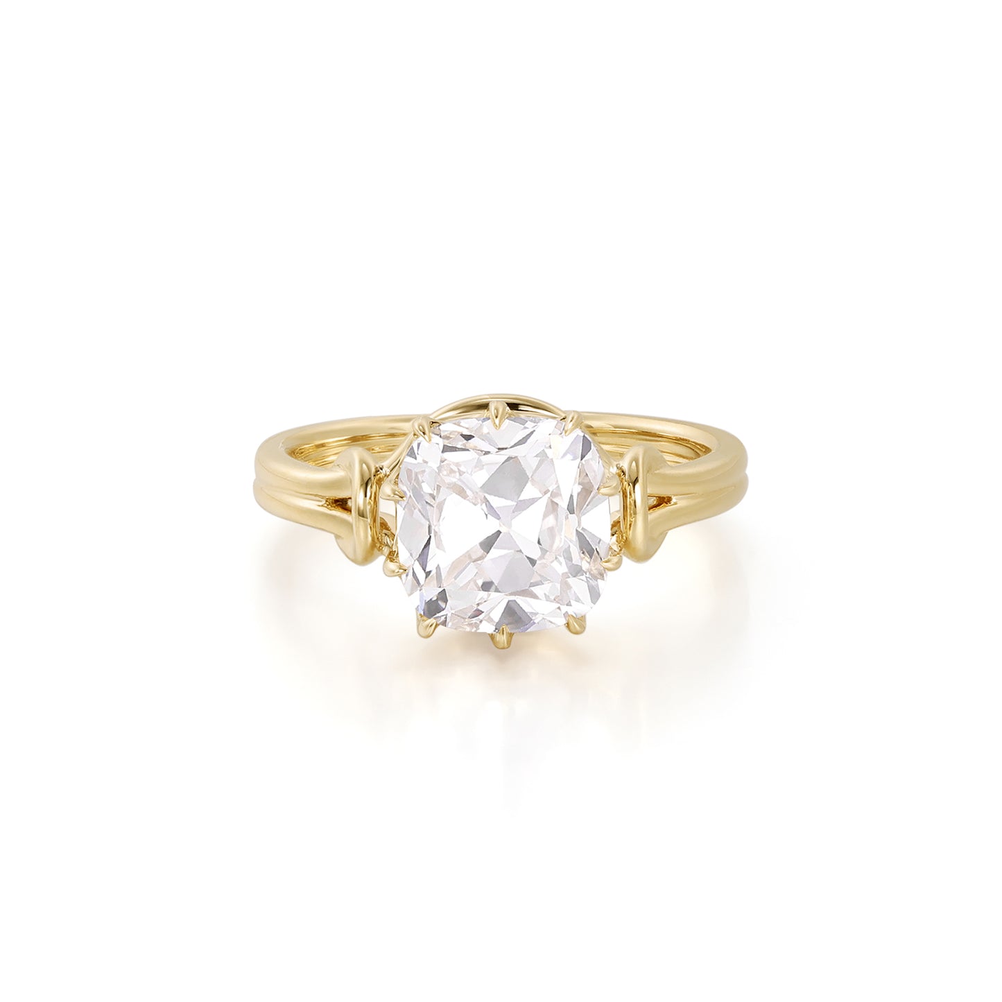 Lea-Old Mine Cut Lab Grown Diamond Engagement Ring featuring a cushion cut diamond in a refined yellow gold setting.