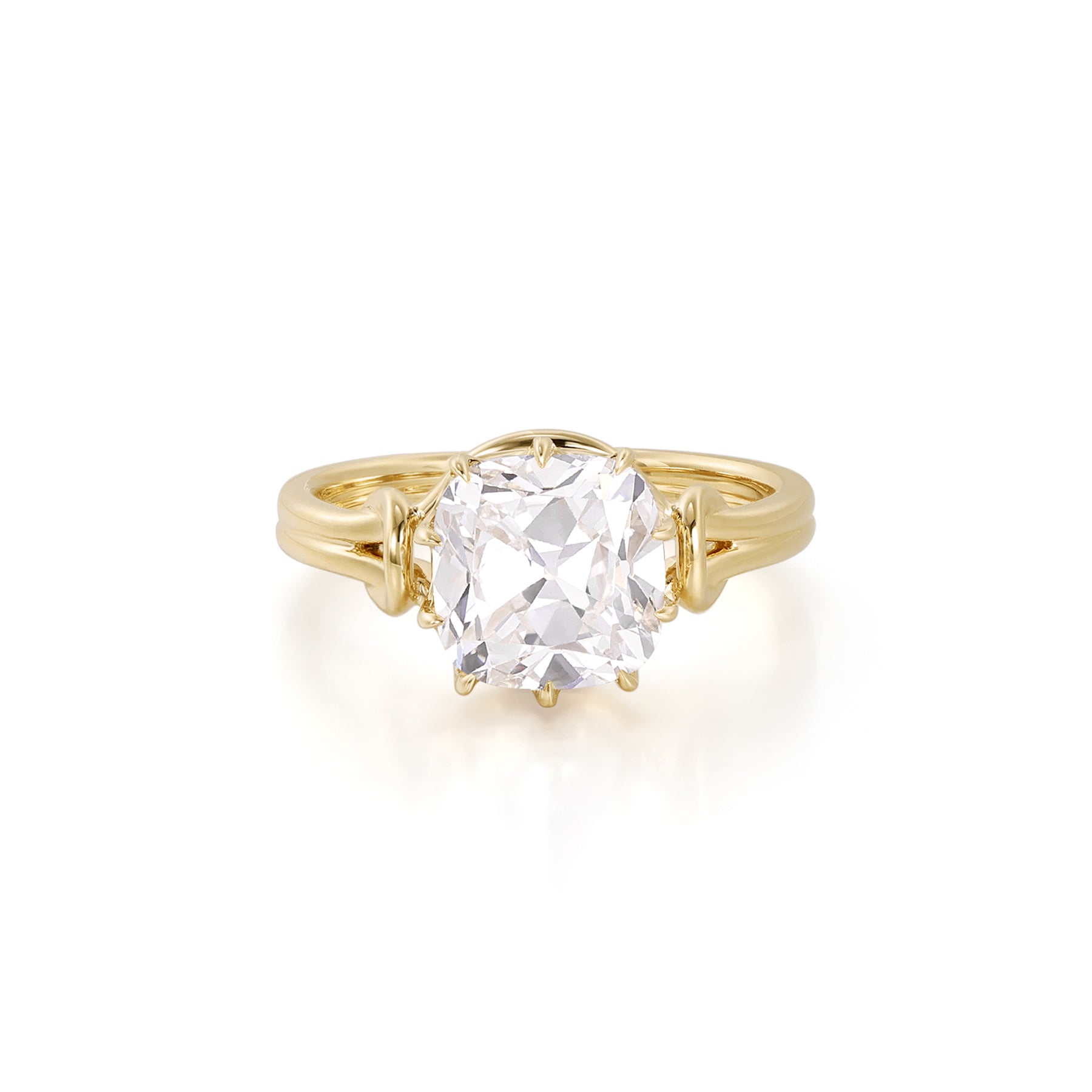 Lea-Old Mine Cut Lab Grown Diamond Engagement Ring featuring a cushion cut diamond in a refined yellow gold setting.