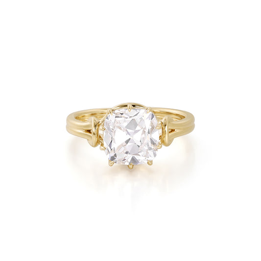 Lea-Old Mine Cut Lab Grown Diamond Engagement Ring featuring a cushion cut diamond in a refined yellow gold setting.