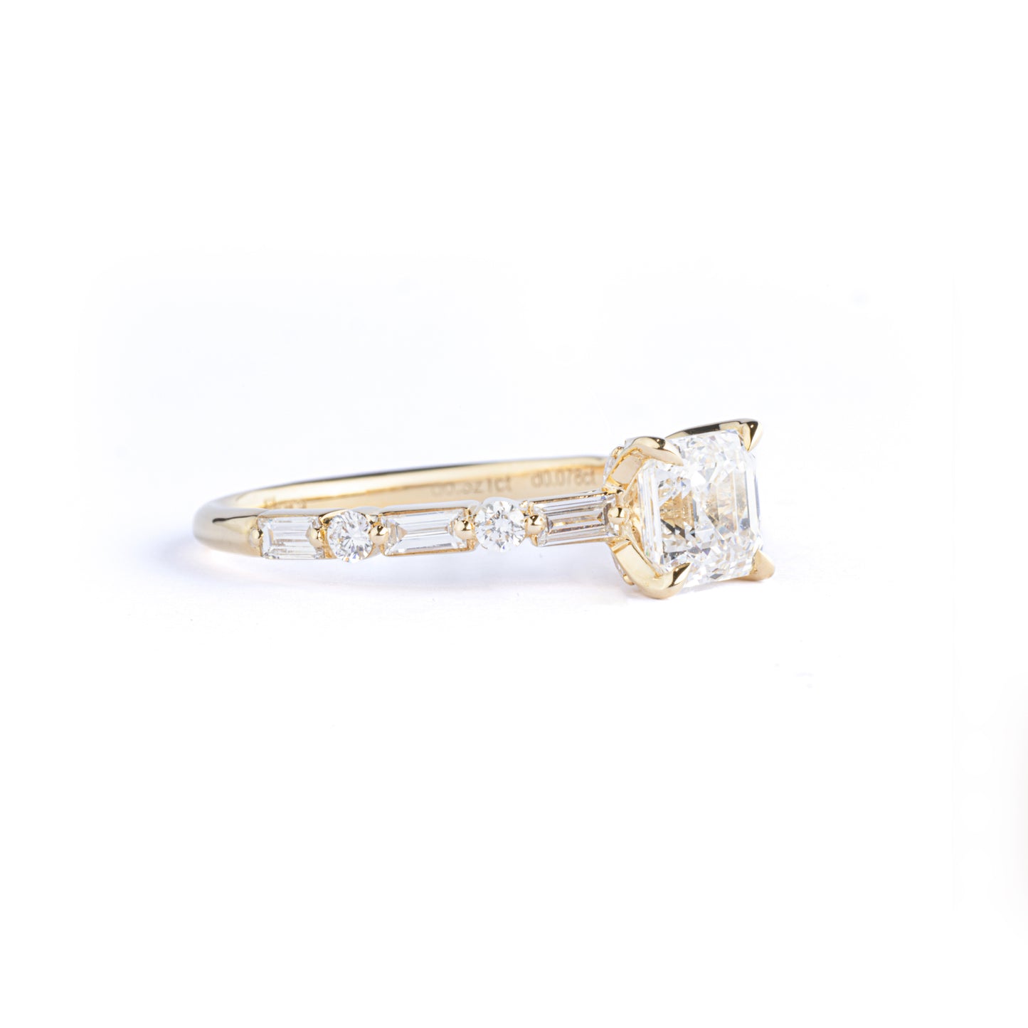 Angled View Asscher Cut Diamond Engagement Ring pavé round and baguette diamonds